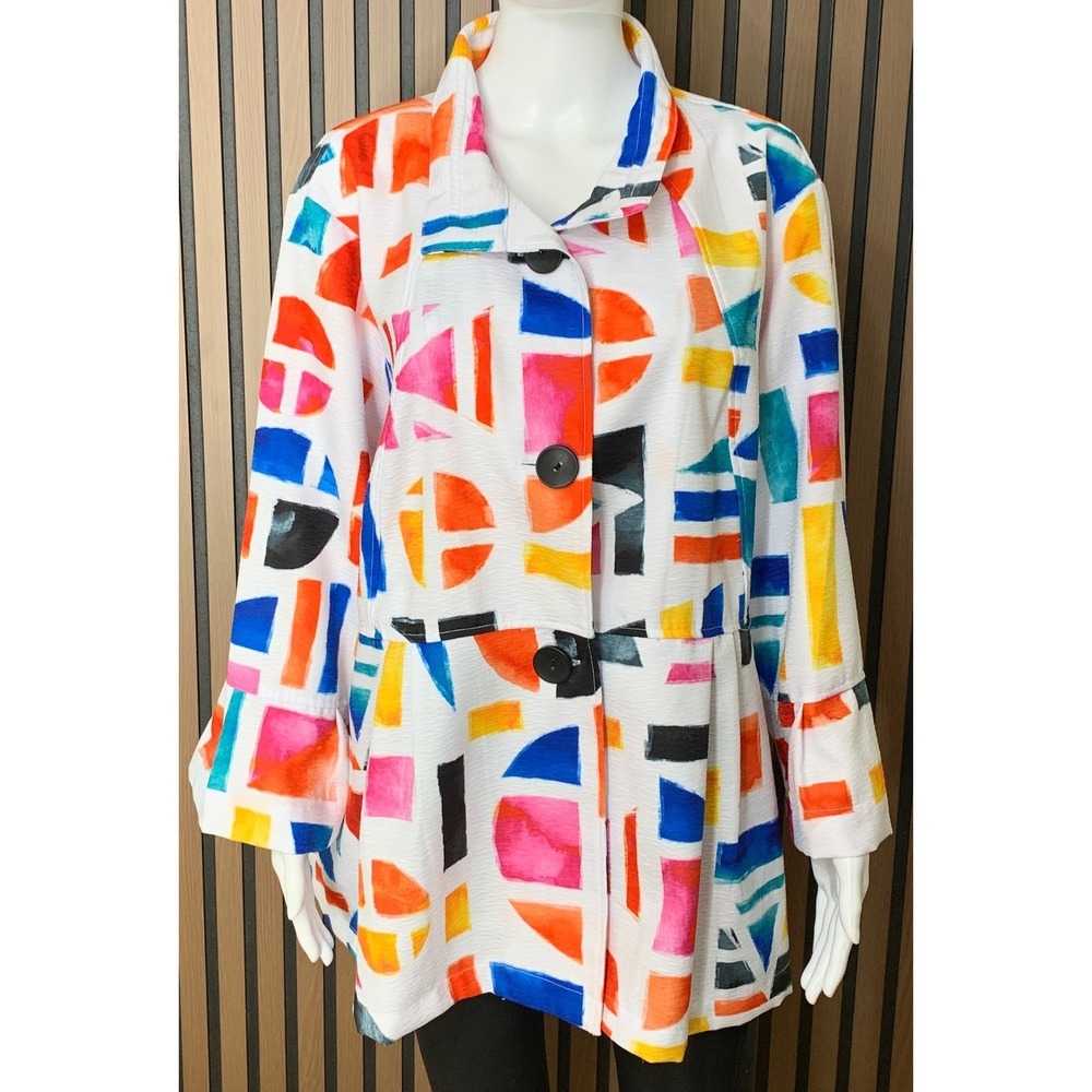 Ali Miles Women's 2X Jacket Geometric Abstract Print Button Lagenlook White